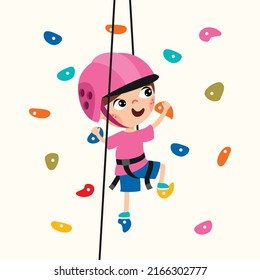 Cartoon Kid Climbing Rock Wall
