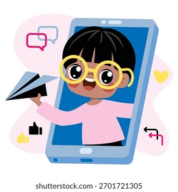 Cartoon Kid Communicate With Smartphone