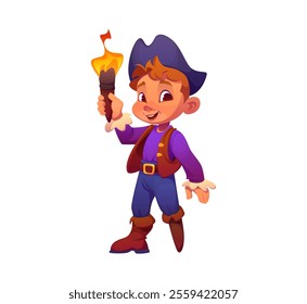 Cartoon kid corsair character stands confidently with playful grin and classic pirate party costume with wooden leg and holds lit torch, his adventurous spirit radiating as he embarks on daring quests