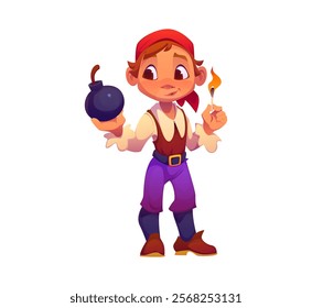 Cartoon kid corsair pirate character in a playful party costume featuring a shirt, vest, and bandana holds cannonball in one hand while gripping a lit match in the other looks ready for adventure