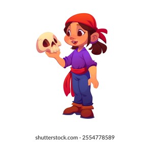 Cartoon kid corsair pirate girl character with a cheeky grin, dressed in a purple shirt and red bandana holds a human skull playfully in one hand, capture a lighthearted, adventurous pirate spirit