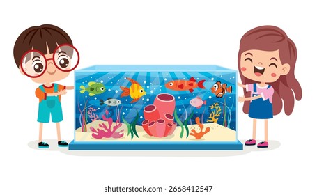 Cartoon Kid And Cute Fish