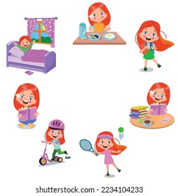 Cartoon kid daily routine activities set