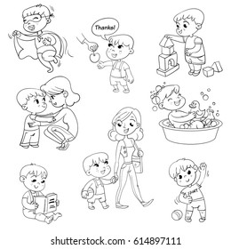 Cartoon kid daily routine activities set. Boy goes for a walk with mom. Kid with Speech say thank you. Child takes a bath. Reading a book. Boy doing exercises.  Funny cartoon character. Isolated