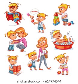 Cartoon kid daily routine activities set. Girl goes for a walk with mom. Kid with Speech say thank you. Child takes a bath. Reading a book. Girl doing exercises. Funny cartoon character. Isolated