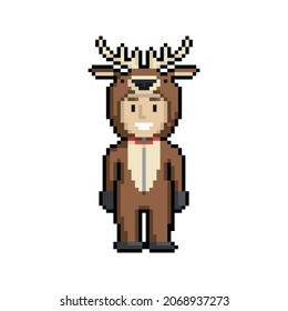 Сute cartoon kid in deer costume. New Year and Christmas pixel art on white background. Vector illustration.