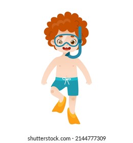 Cartoon kid diver. Cute red hair baby boy in snorkeling equipment. Happy child in beachwear.