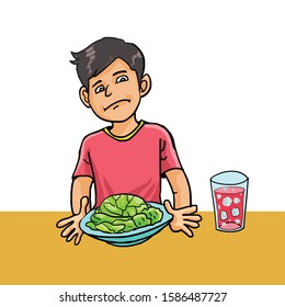Cartoon of kid do not like eat vegetables