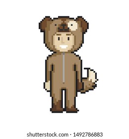 Сute cartoon kid in dog costume. Pixel art on white background. Vector illustration.