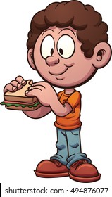 Cartoon Kid Eating A Sandwich. Vector Clip Art Illustration With Simple Gradients. All In A Single Layer.