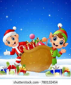Cartoon kid and elf in the winter background with gift boxes and balls