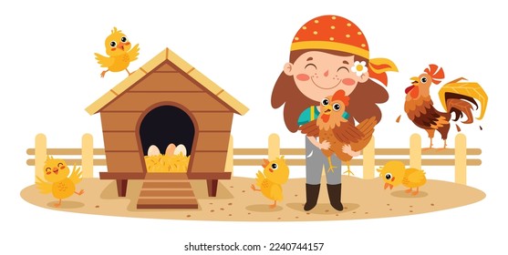 Cartoon Kid Feeding Chicken And Chicks