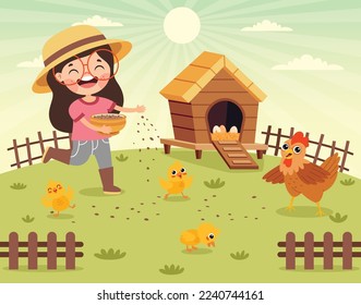 Cartoon Kid Feeding Chicken And Chicks