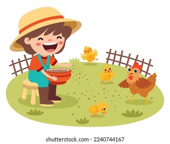 Cartoon Kid Feeding Chicken And Chicks