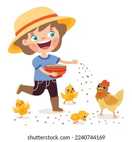 Cartoon Kid Feeding Chicken And Chicks