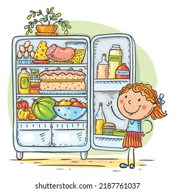 Cartoon Kid And Fridge With Food, Healthy Eating Or Cooking Concept, Drawing, Colorful Clipart