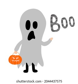 Cartoon kid in ghost Halloween costume with pumpkin. Vector.