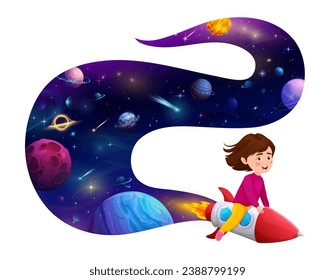 Niña caricaturista astronauta volando sobre un cohete espacial en una galaxia estrellada con planetas de fantasía, estrellas y asteroides. Viaje espacial con vectores y aventura de galaxia alienígena del personaje de una linda niña espacial