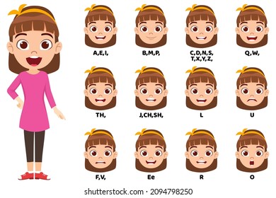 Cartoon kid girl character talking mouth and lips expressions vector animations poses pronunciation speak, tongue and articulate isolated