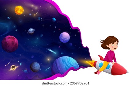 Cartoon kid girl flying on space rocket in galaxy to planets, starry sky vector background. Space exploration and galactic adventure of girl kid on spaceship, planetary education or school astronomy