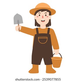 Cartoon kid girl gardener with a shovel