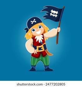 Cartoon kid girl pirate character with jolly roger flag. Vector cheerful young child in bright rover costume and bandana, showcasing adventure and playfulness, evokes joy and fun at pirate party