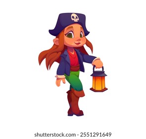 Cartoon kid girl pirate character with candle lantern. Isolated vector cheerful young child in corsair or rover party costume and cocked hat, showcasing adventure and playfulness, evokes joy and fun