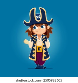 Cartoon kid girl pirate corsair or captain with map and tricorne hat, vector character. Funny kid girl in pirate or Caribbean corsair sailor costume with treasure map and Jolly roger crossbones on hat