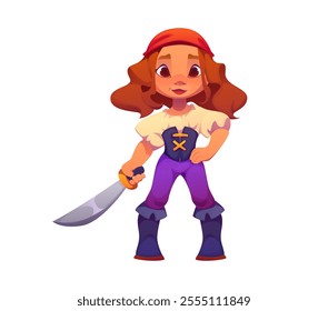 Cartoon kid girl pirate corsair character in carnival party costume with a saber. Vector happy smiling child buccaneer personage in bandana on head holding a sword. Isolated baby in filibuster dress