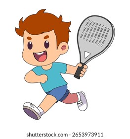Garoto de desenhos animados feliz enquanto corre jogando Padel ícone de design simples Digital