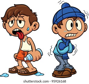 Cartoon kid in hot and cold weather. Vector illustration, Each in a separate layer for easy editing.