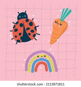 cartoon kid illustrations ladybird and rainbow