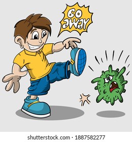 cartoon a kid kicked the virus after being vaccinated