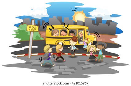 Cartoon kid and kindergarten or elementary students walking up the bus at bus stop to go to school. Vector