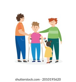 Cartoon kid with leg injury and friend group supporting him. Children standing around little boy standing in crutches, isolated vector illustration on white background.