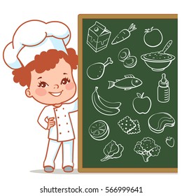 Cartoon kid as little chef. Cute girl as cook. Happy child in chef hat. Smiling girl holding menu.  Set of vector food objects on blackboard. Vector illustration isolated on white background.