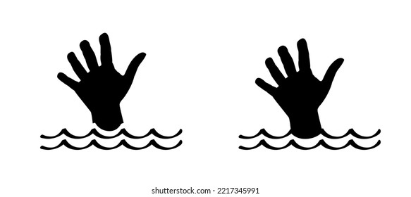 Cartoon kid, man or woman to sink or drown in the water, Can't swim. Stickman and two hands of drowning man in sea asking for help. Hands stretched. Helplessness, begs for rescue. No smimming.