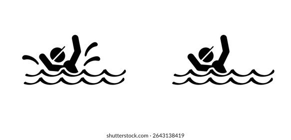Cartoon kid, man or woman to sink or drown in the water, Can't swim. Stickman and two hands of drowning man in sea asking for help. Hands stretched. Helplessness, begs for rescue. No smimming.