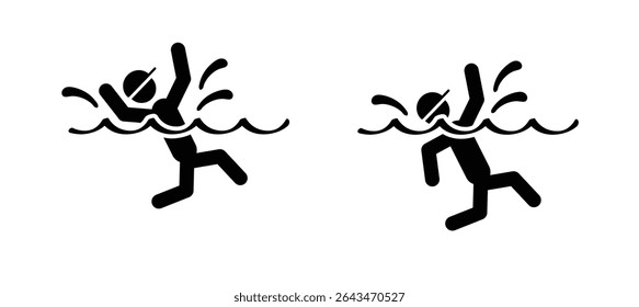 Cartoon kid, man or woman to sink or drown in the water, Can't swim. Stickman and two hands of drowning man in sea asking for help. Hands stretched. Helplessness, begs for rescue. No smimming.