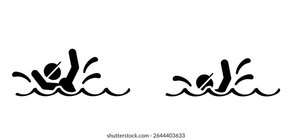 Cartoon kid, man or woman to sink or drown in the water, Can't swim. Stickman and two hands of drowning man in sea asking for help. Hands stretched. Helplessness, begs for rescue. No smimming.