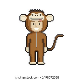 Сute cartoon kid in monkey costume. Pixel art on white background. Vector illustration.