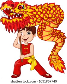 Cartoon kid performing dragon dance
