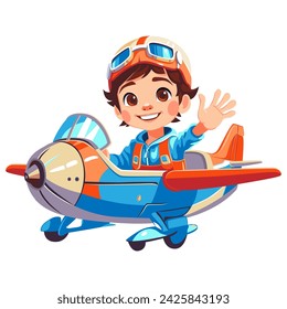 Cartoon kid pilot flying on toy airplane in sky, aviator goggles and happy smiling, isolated vector, handmade illustration, not AI