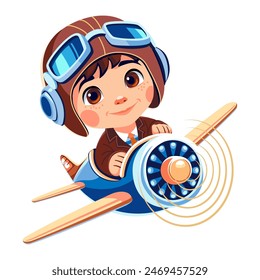 Piloto niño de dibujos animados volando en avión de juguete en el cielo, gafas de aviador y sonriente feliz, Vector aislado