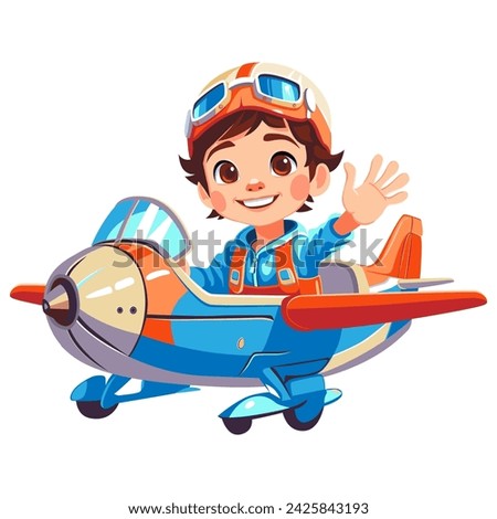 Cartoon kid pilot flying on toy airplane in sky, aviator goggles and happy smiling, isolated vector, handmade illustration, not AI Stock photo © 