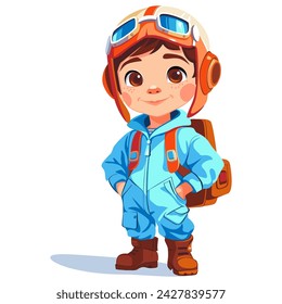 Cartoon kid pilot standing with aviator goggles and happy smiling