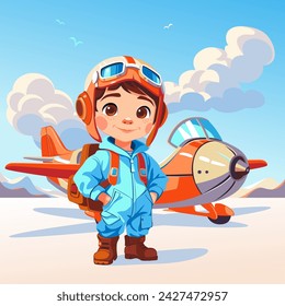 Cartoon kid pilot standing near old airplane with aviator goggles and happy smiling