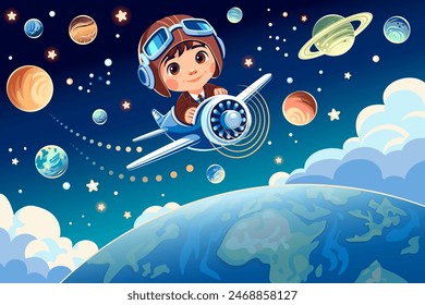 Cartoon kid pilot in vintage plane flying through whimsical space scene with planets and stars