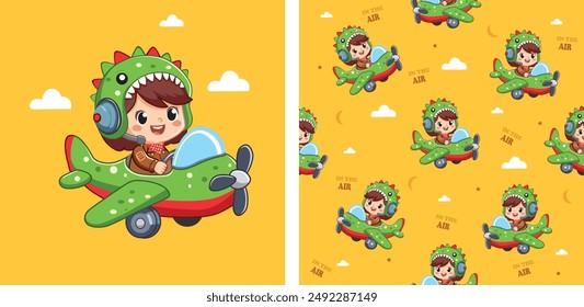 Cartoon kid pilot waring dinosaur  hat and flying on toy airplane in sky with aviator goggles and happy smiling. kids print. seamless background, cute vector texture for kids bedding, fabric, 