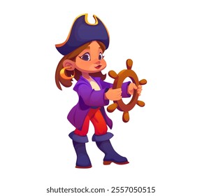 Cartoon kid pirate, skipper or captain character with steering wheel driving ship with cheerful smile. Vector child girl in corsair sailor costume, cocked hat, earring, playful and excited expression